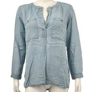 Bella Dahl Top Womens Medium Blue Chambray‎ Tencel V-Neck Autumn Country Western